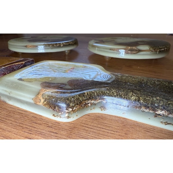 Vtg Acrylic Resin Lucite Trivet Set (2) + Spoon Rest + Wooden Mushroom Wall Art - Picture 10 of 16